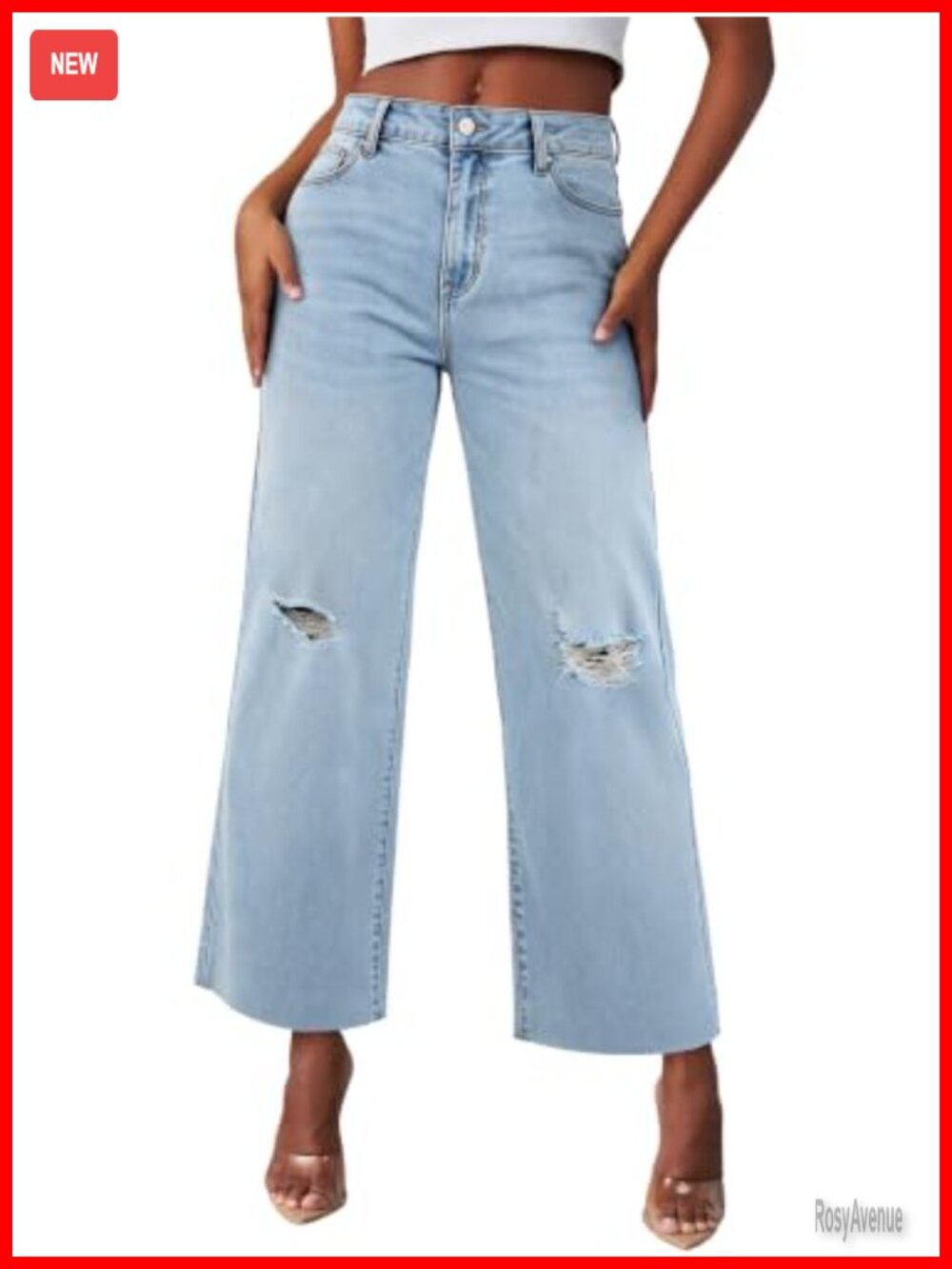 High Waisted Wide Leg Ripped Cropped Jeans Stretchy Denim Pants